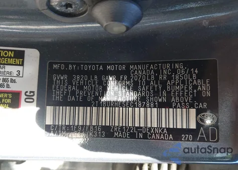 2014 Toyota Corolla Le из США, поврежденный, VIN 2T1BURHE5EC187881